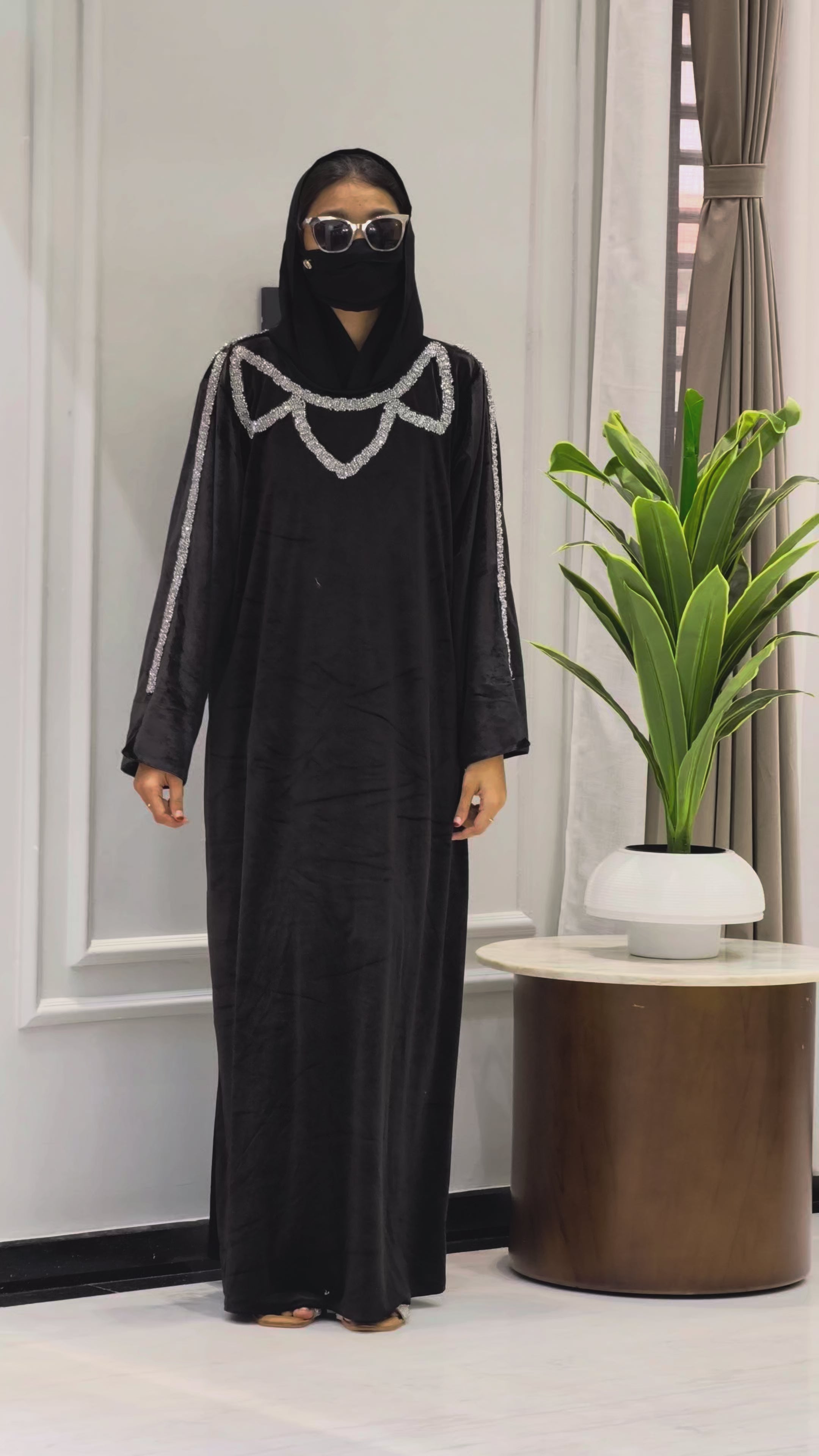 Luxury Velvet Black Stone Work Abaya