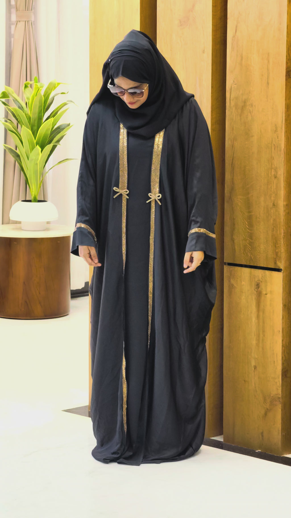 Bridal Gold Stripes Stonework Abaya