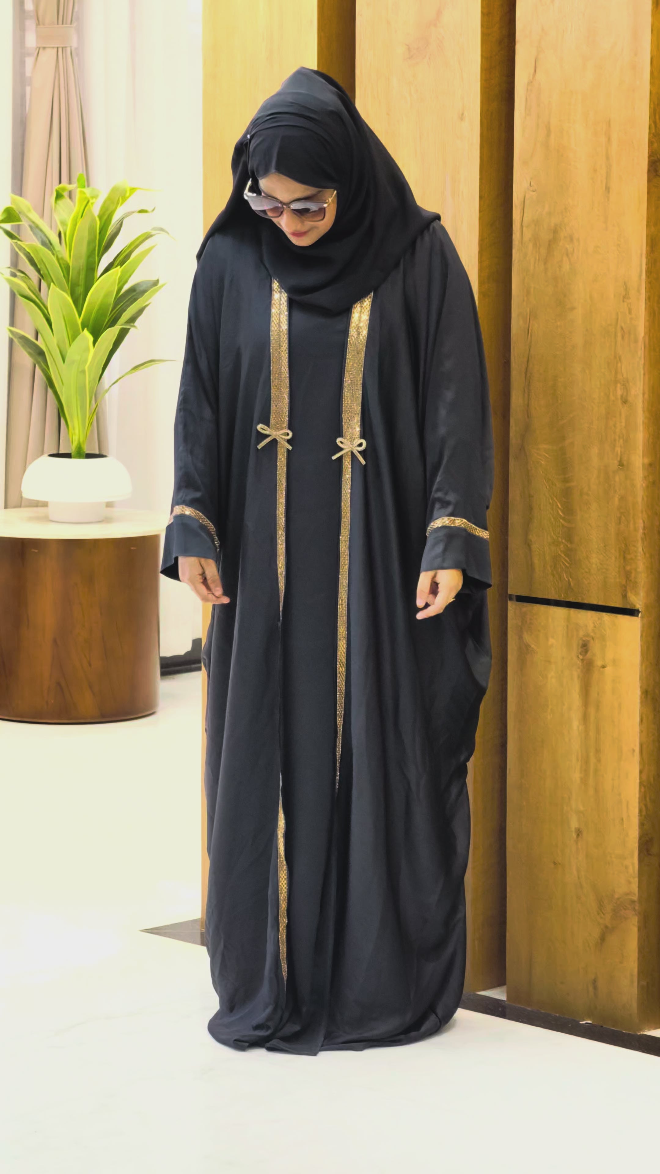 Bridal Gold Stripes Stonework Abaya