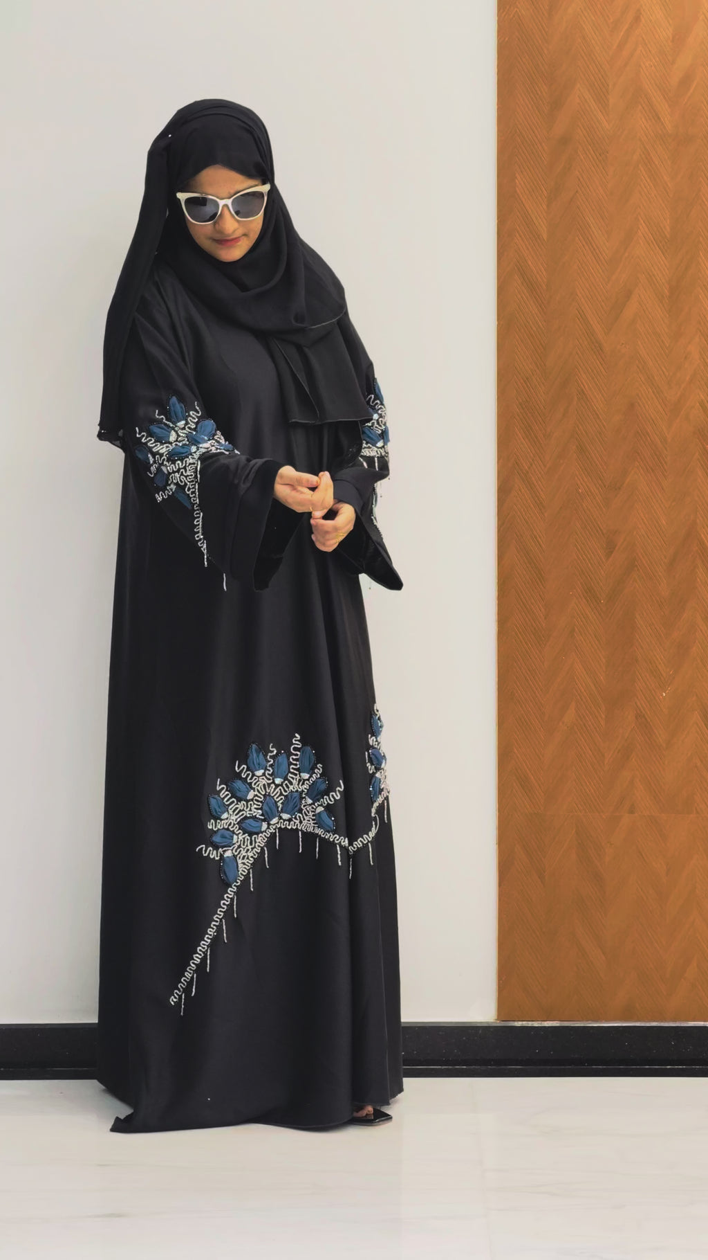Black Designer Abaya with Cobalt Blue Stone Work