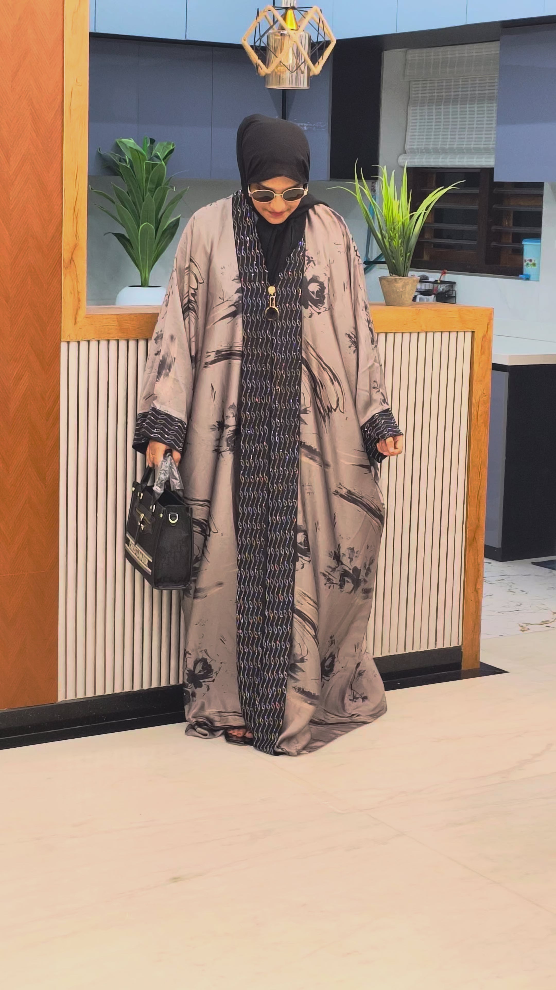 Designer Self-Printed Long Lapel Stone Work Abaya