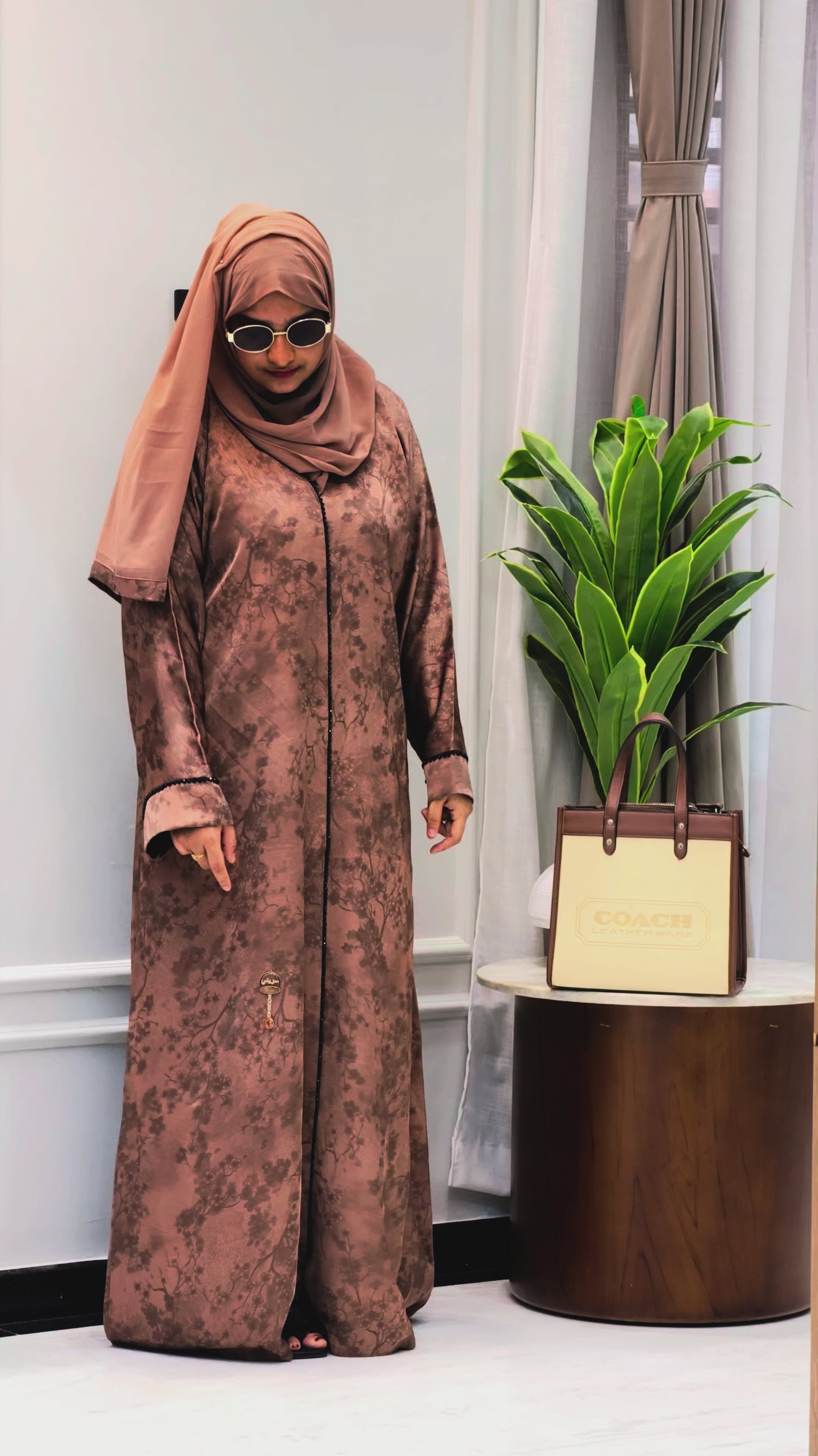 Elegant Brown Floral Self-Printed Abaya – Classy