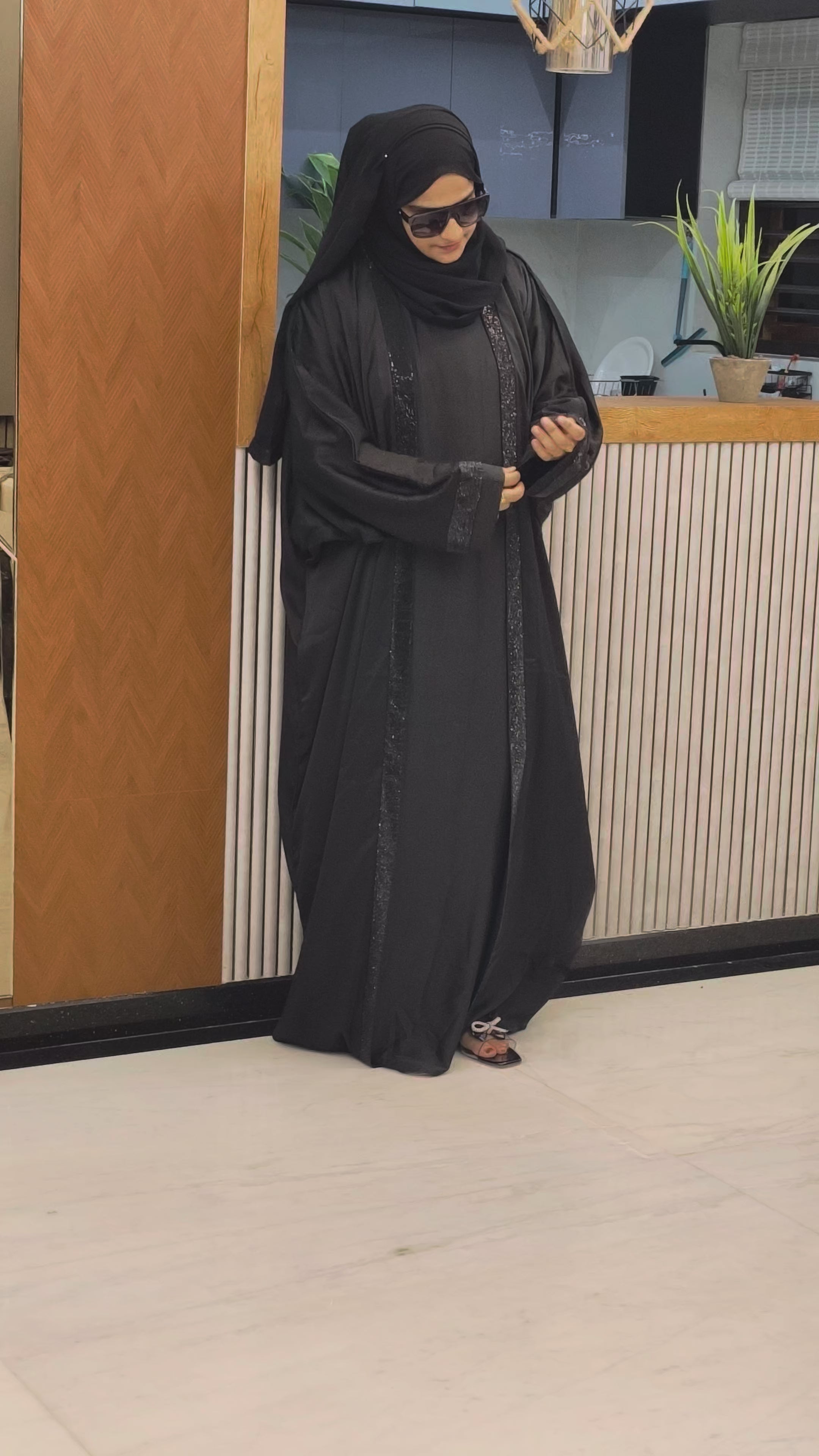 Black Stripes Stone Work Abaya
