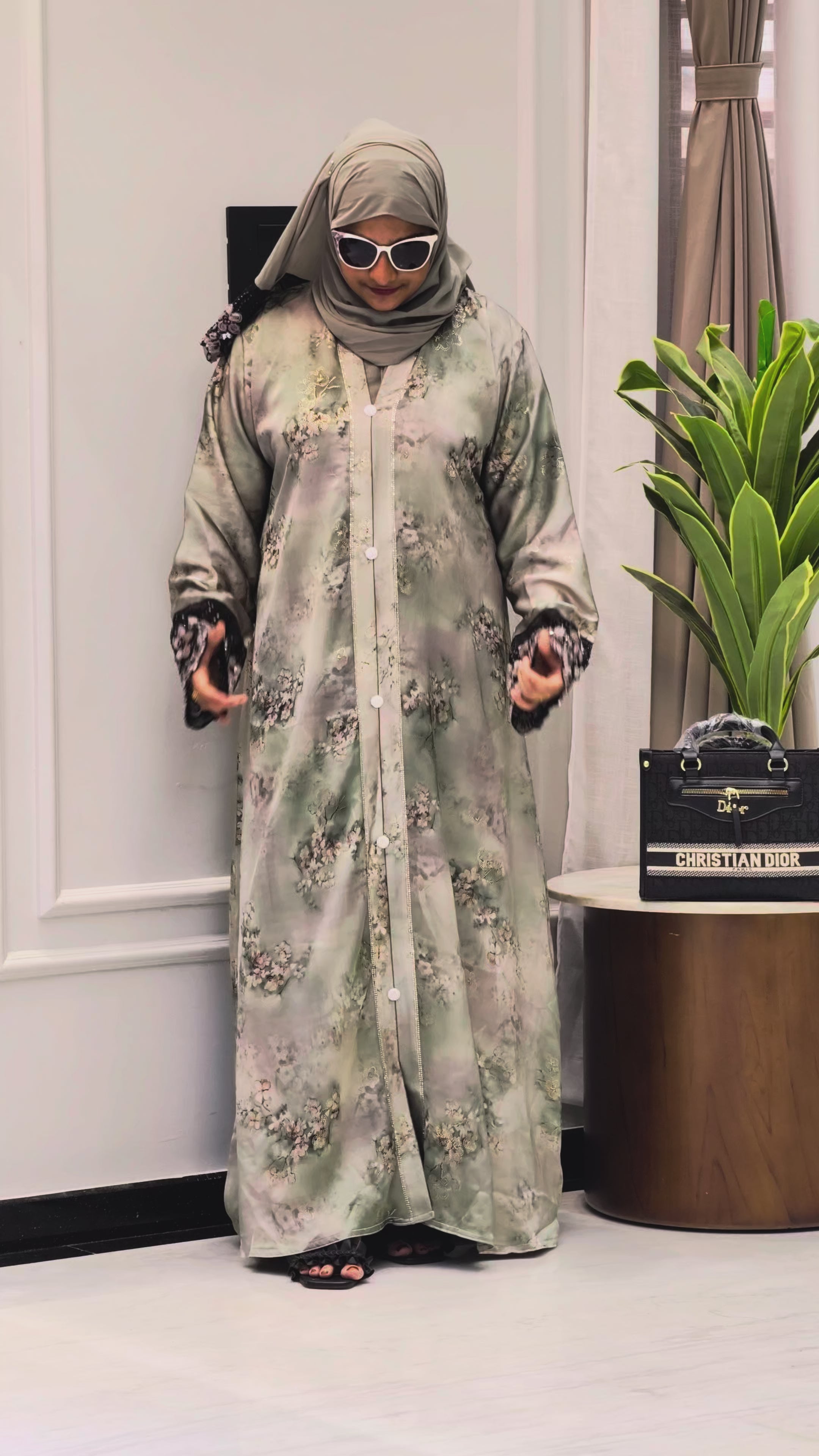 Modern Pista Green Floral Printed Abaya