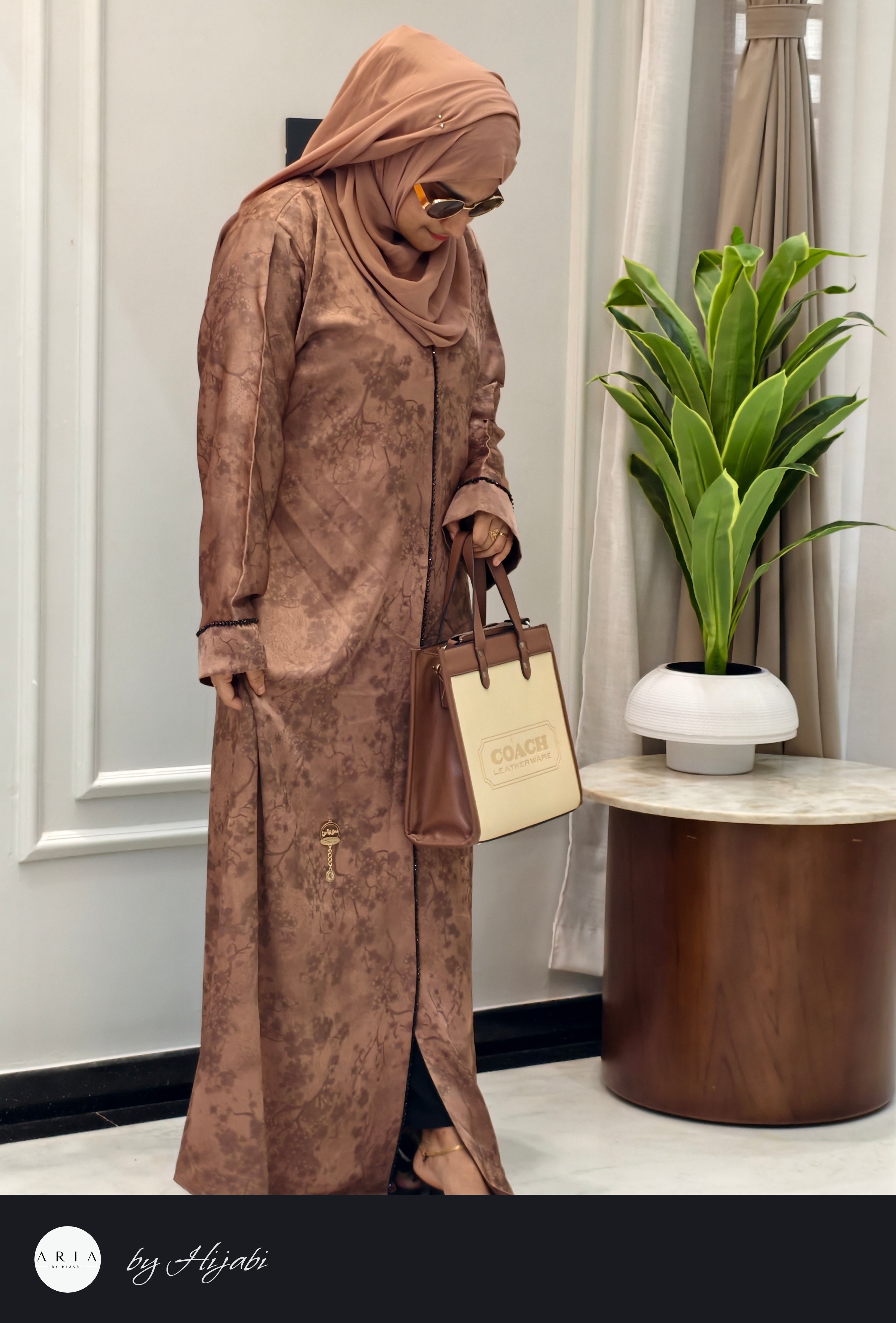 Elegant Brown Floral Self-Printed Abaya – Classy