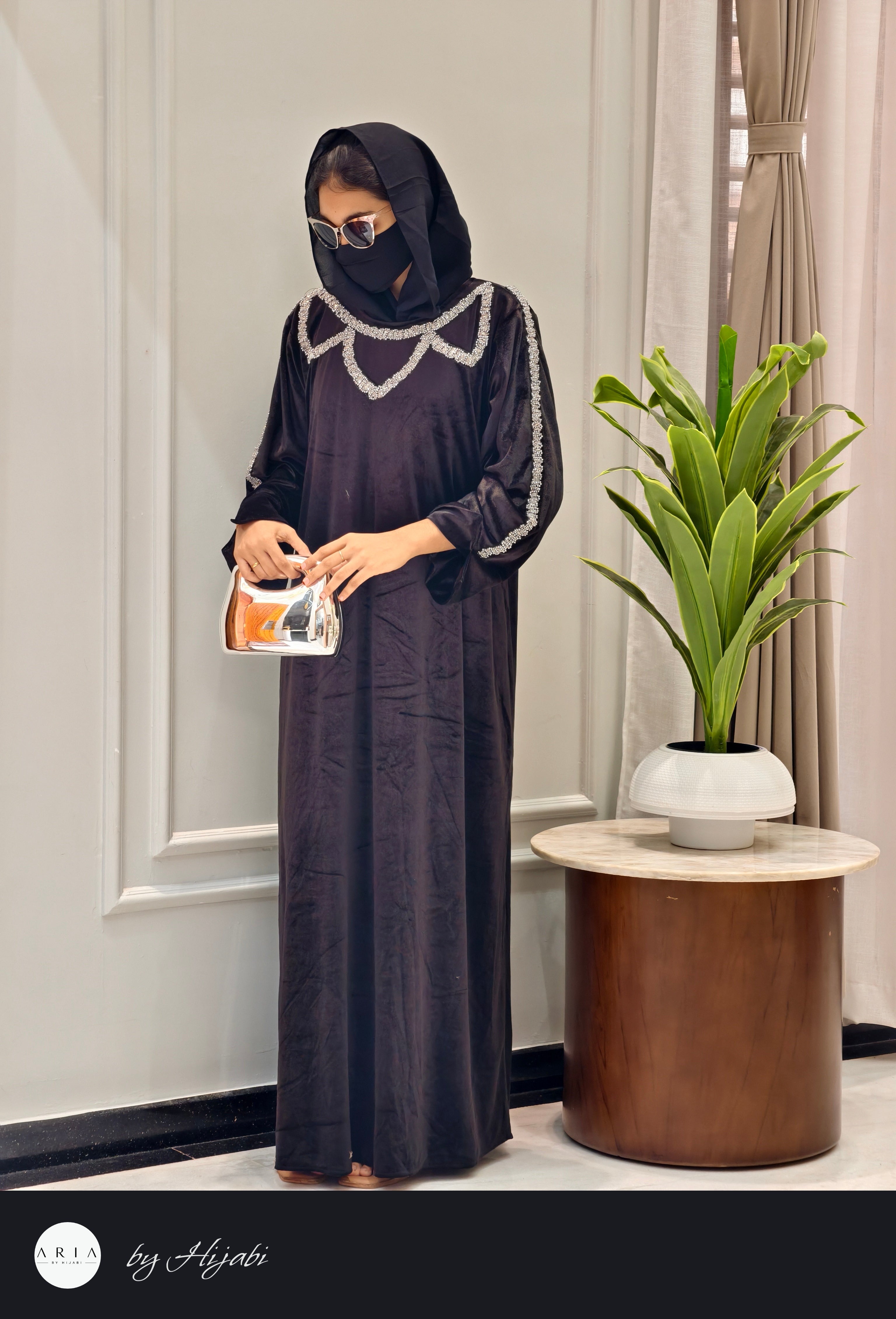 Luxury Velvet Black Stone Work Abaya