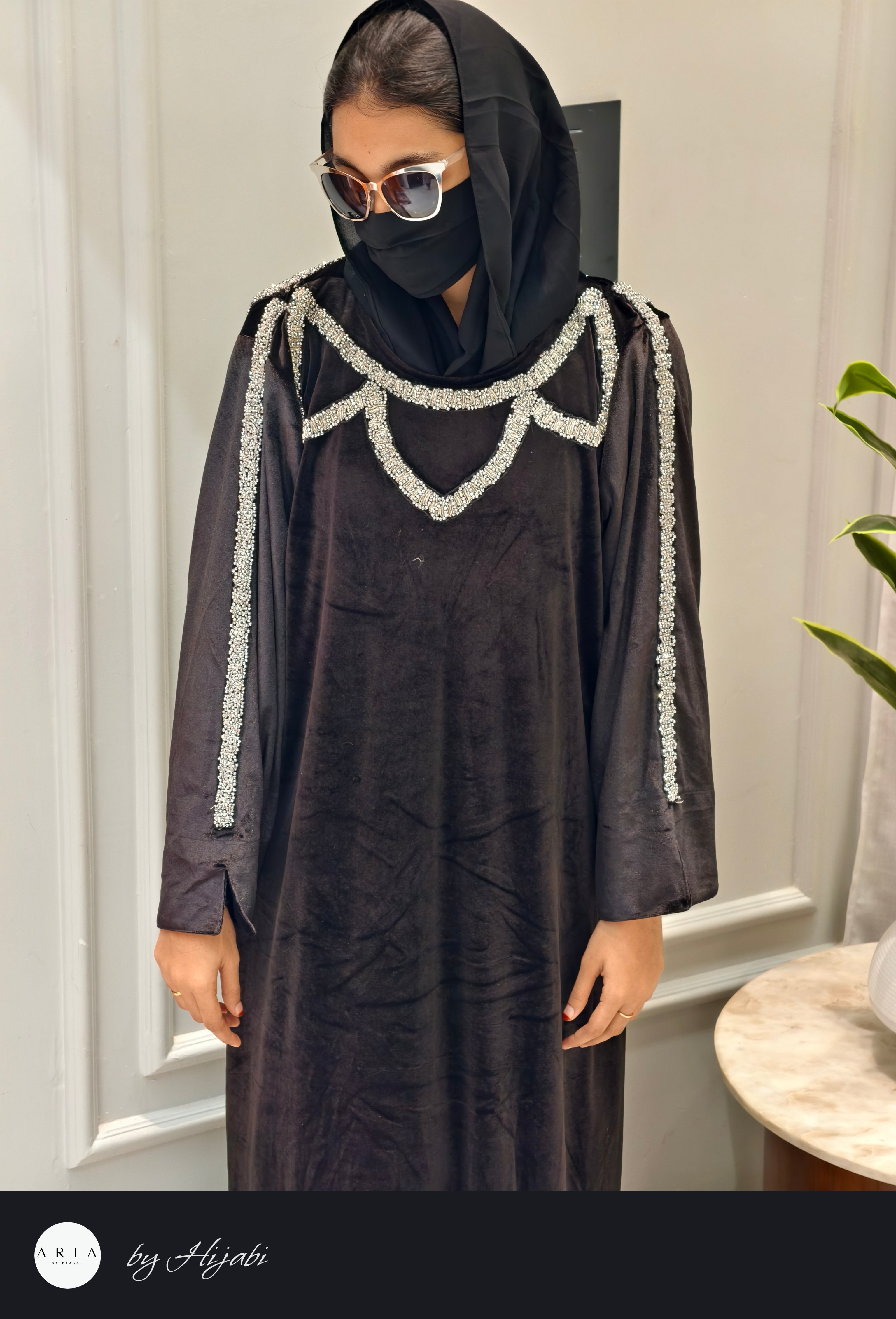 Luxury Velvet Black Stone Work Abaya