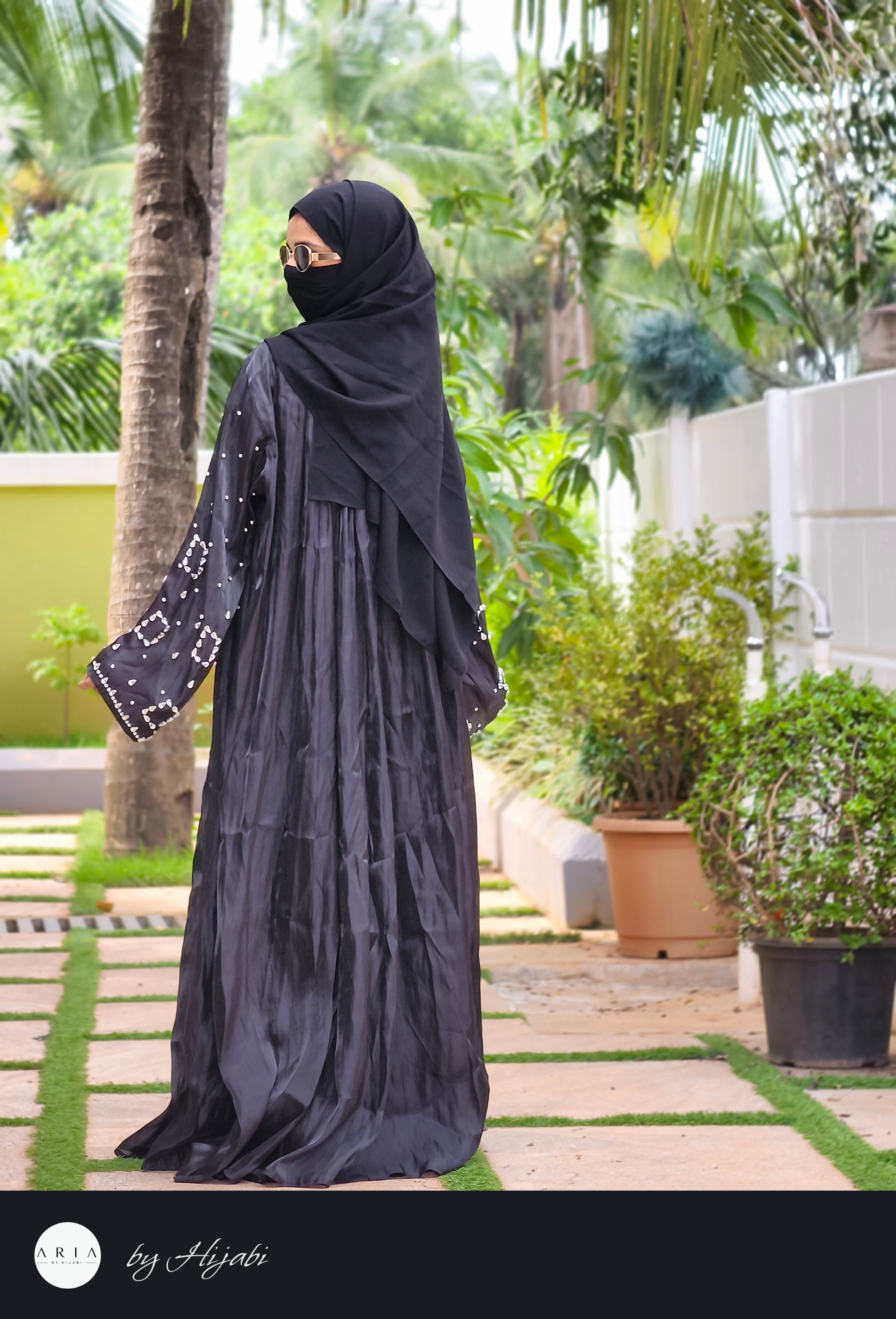 Black Organza Designer Wear Stone Work Embroidery Abaya