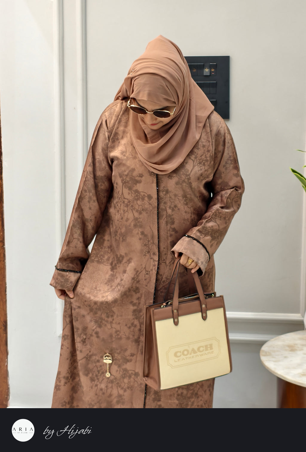 Elegant Brown Floral Self-Printed Abaya – Classy