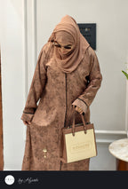 Elegant Brown Floral Self-Printed Abaya – Classy