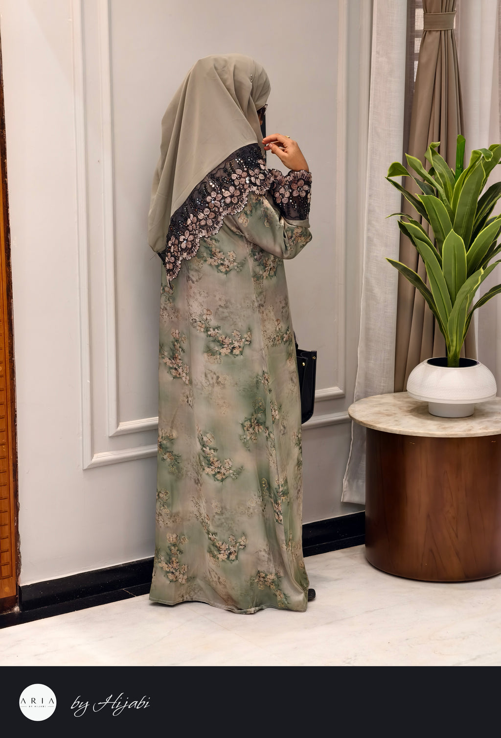 Modern Pista Green Floral Printed Abaya