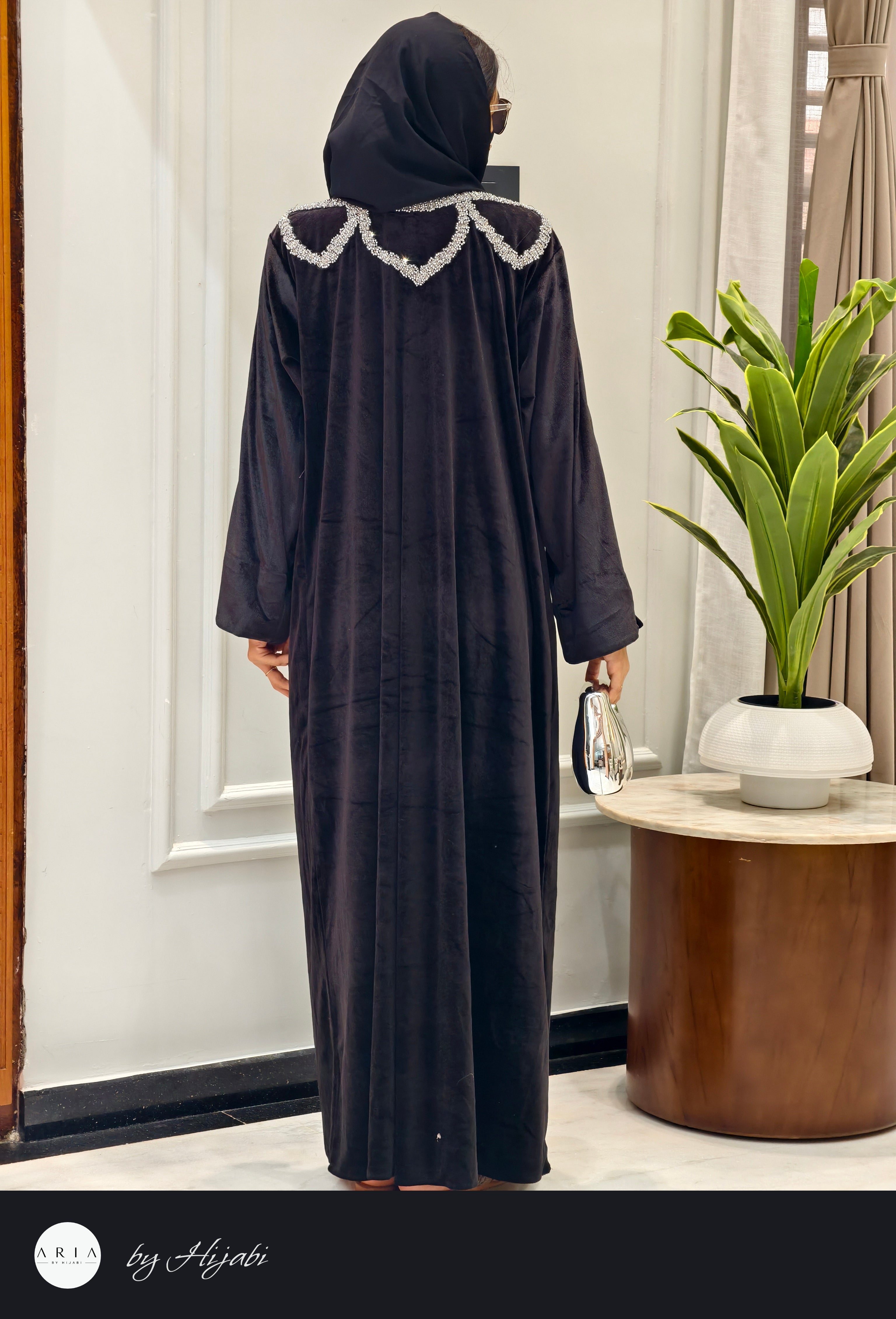 Luxury Velvet Black Stone Work Abaya