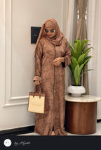 Elegant Brown Floral Self-Printed Abaya – Classy