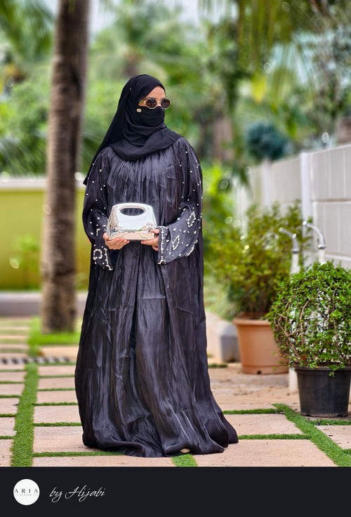 Black Organza Designer Wear Stone Work Embroidery Abaya