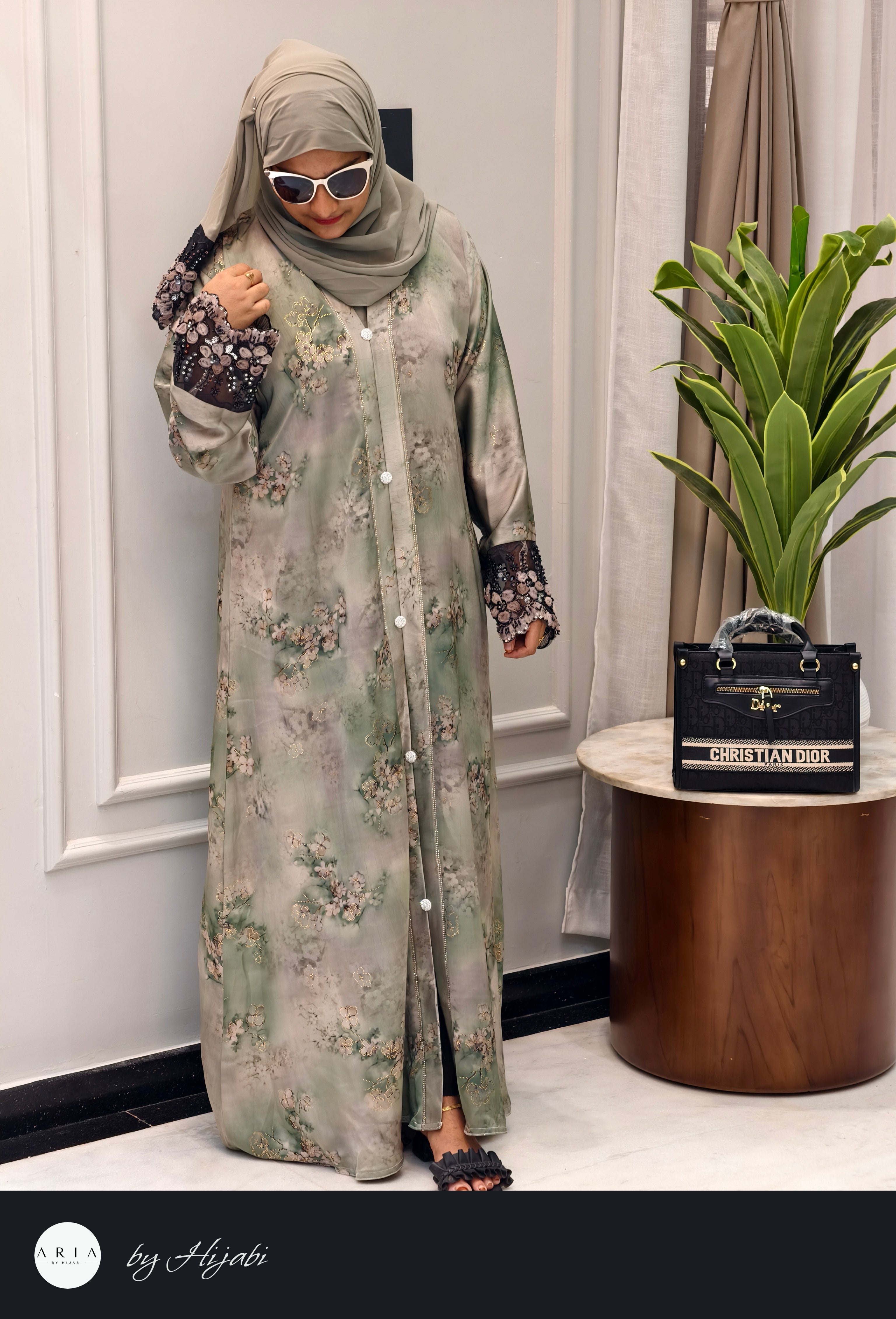 Modern Pista Green Floral Printed Abaya