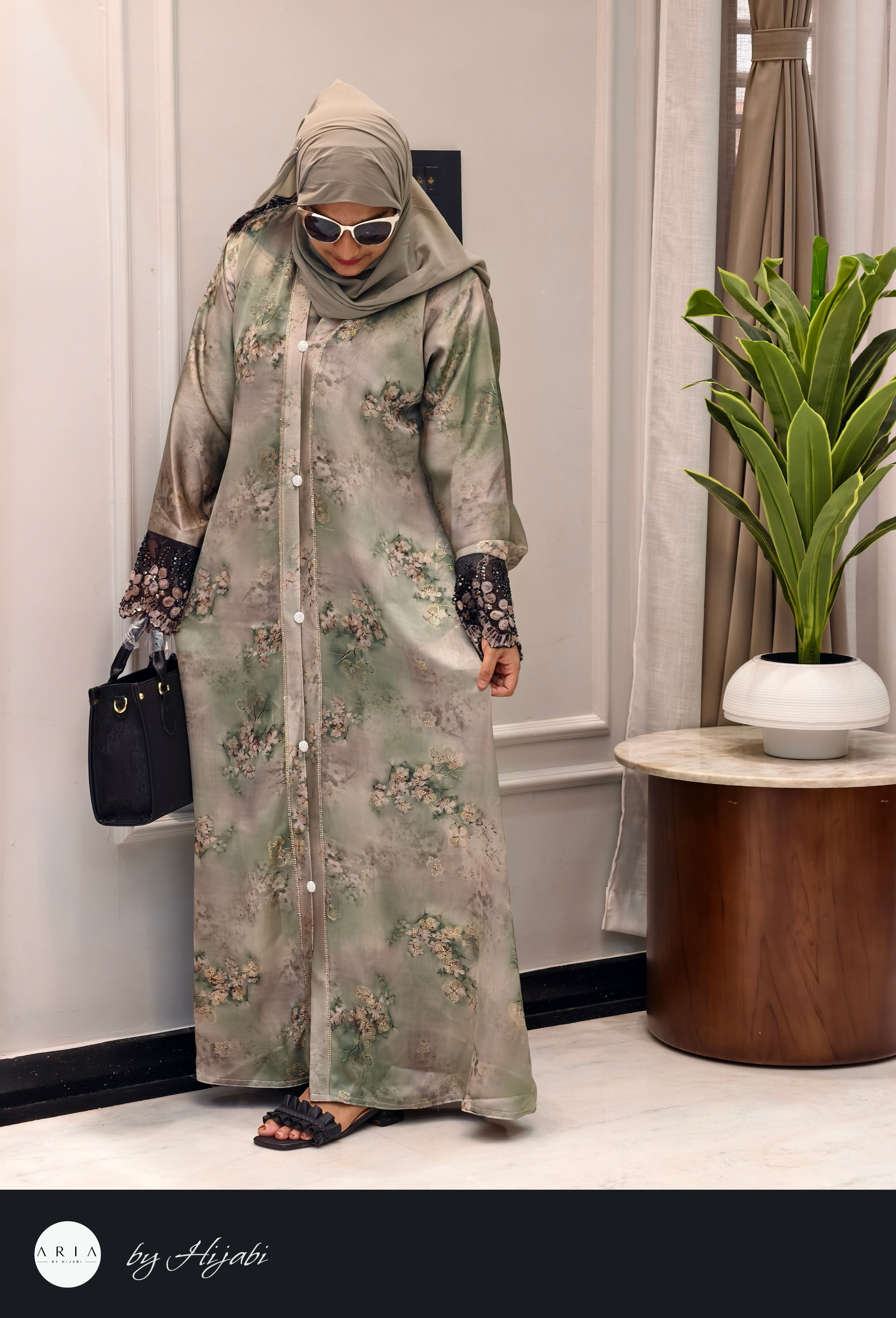 Modern Pista Green Floral Printed Abaya