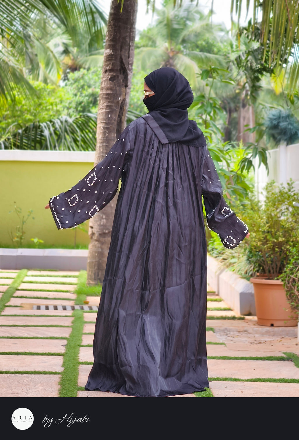 Black Organza Designer Wear Stone Work Embroidery Abaya