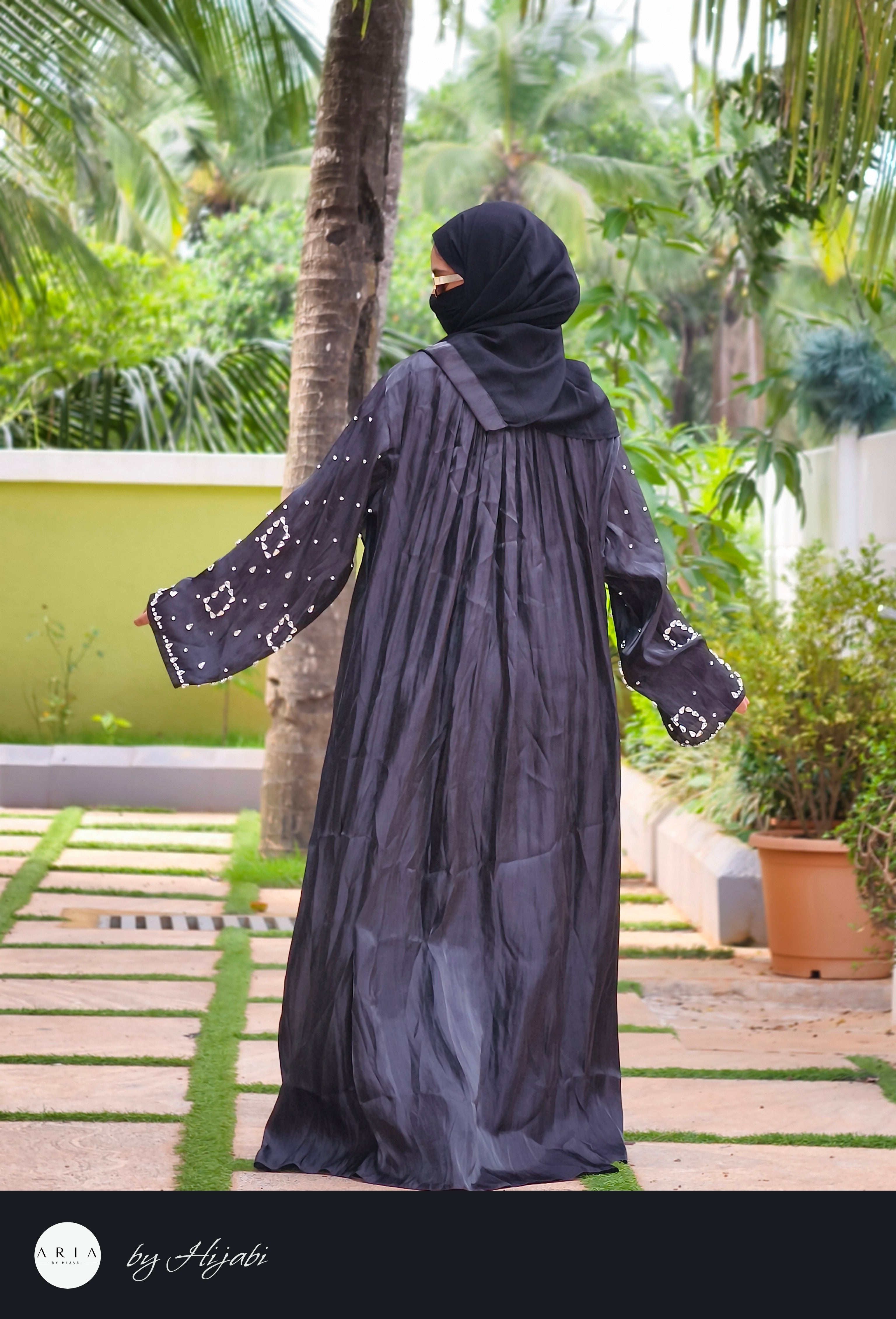 Black Organza Designer Wear Stone Work Embroidery Abaya