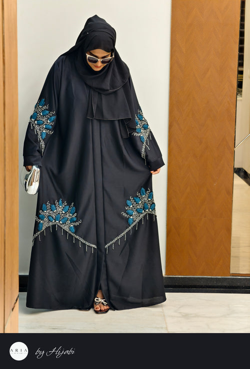 Black Designer Abaya with Cobalt Blue Stone Work