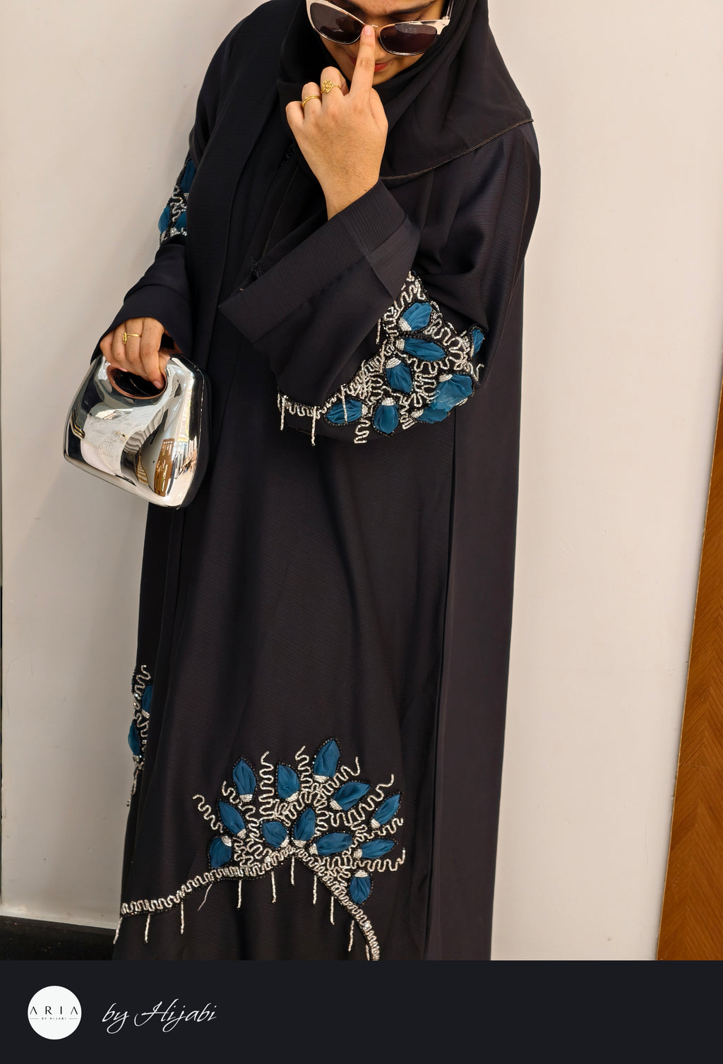 Black Designer Abaya with Cobalt Blue Stone Work