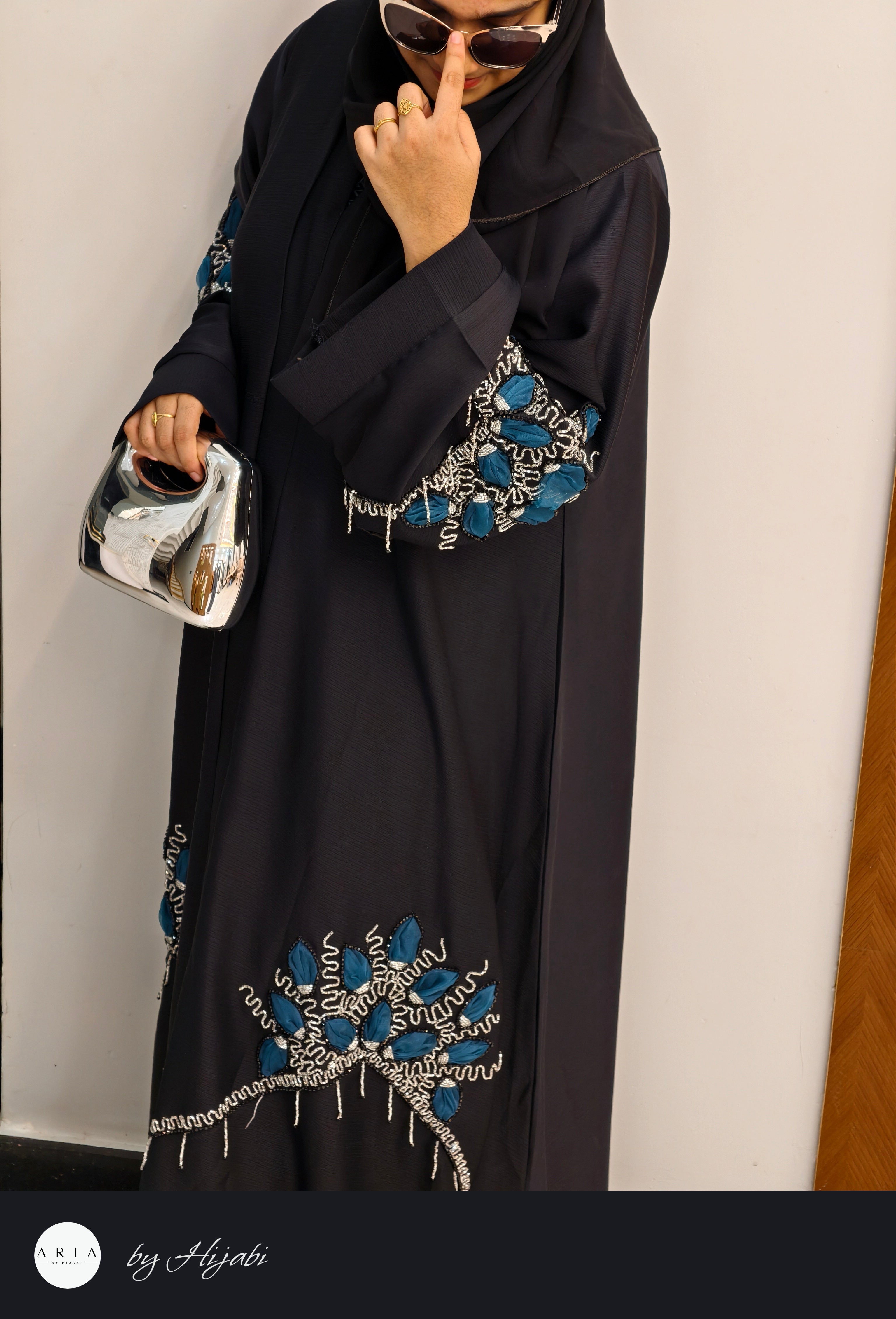 Black Designer Abaya with Cobalt Blue Stone Work