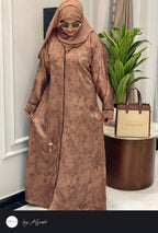 Elegant Brown Floral Self-Printed Abaya – Classy
