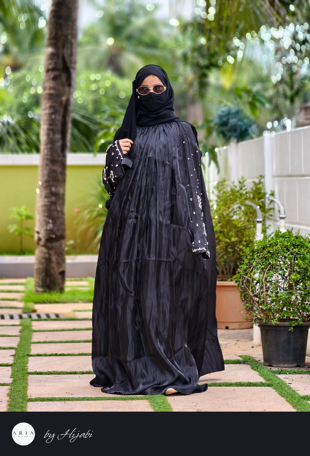 Black Organza Designer Wear Stone Work Embroidery Abaya