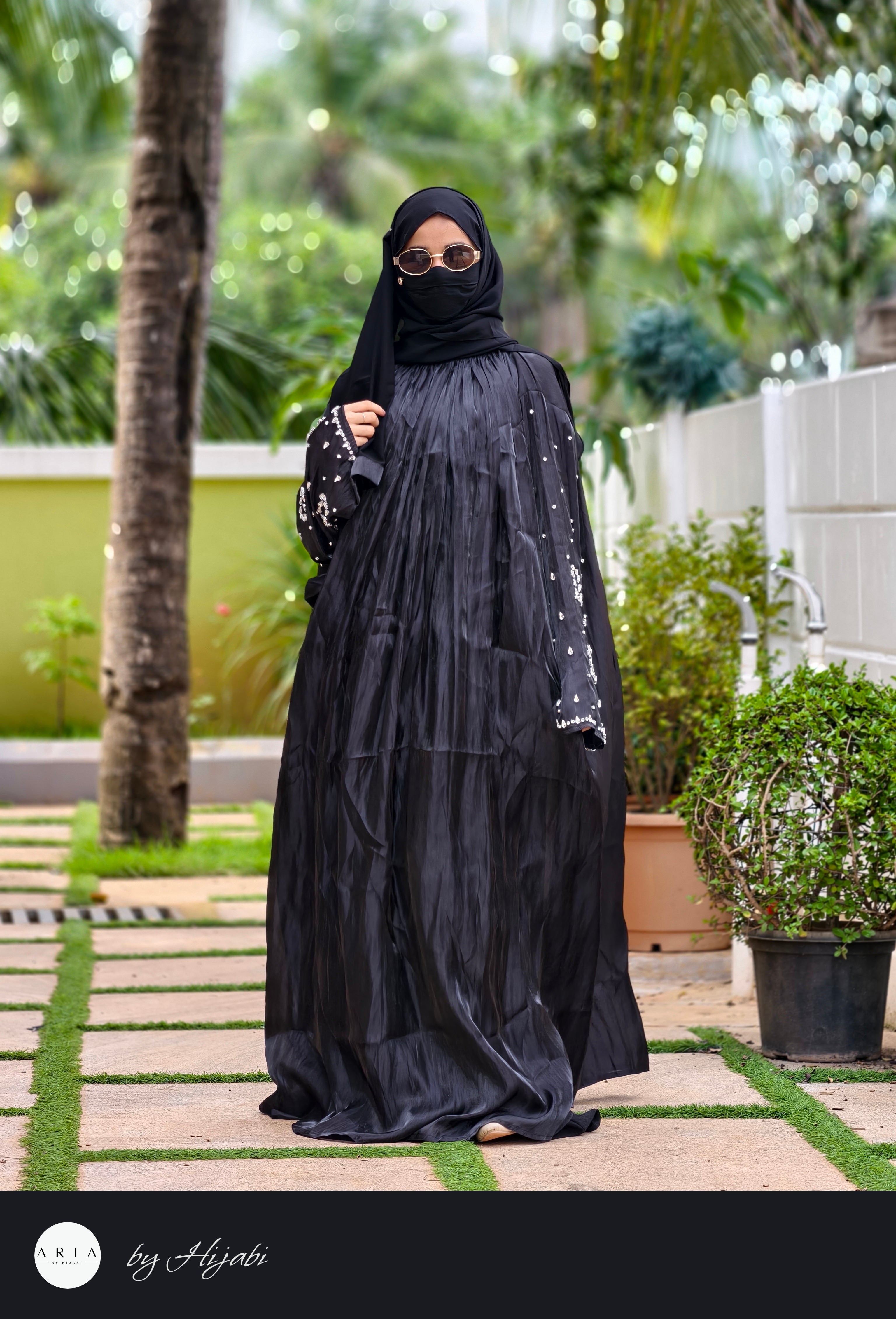 Black Organza Designer Wear Stone Work Embroidery Abaya
