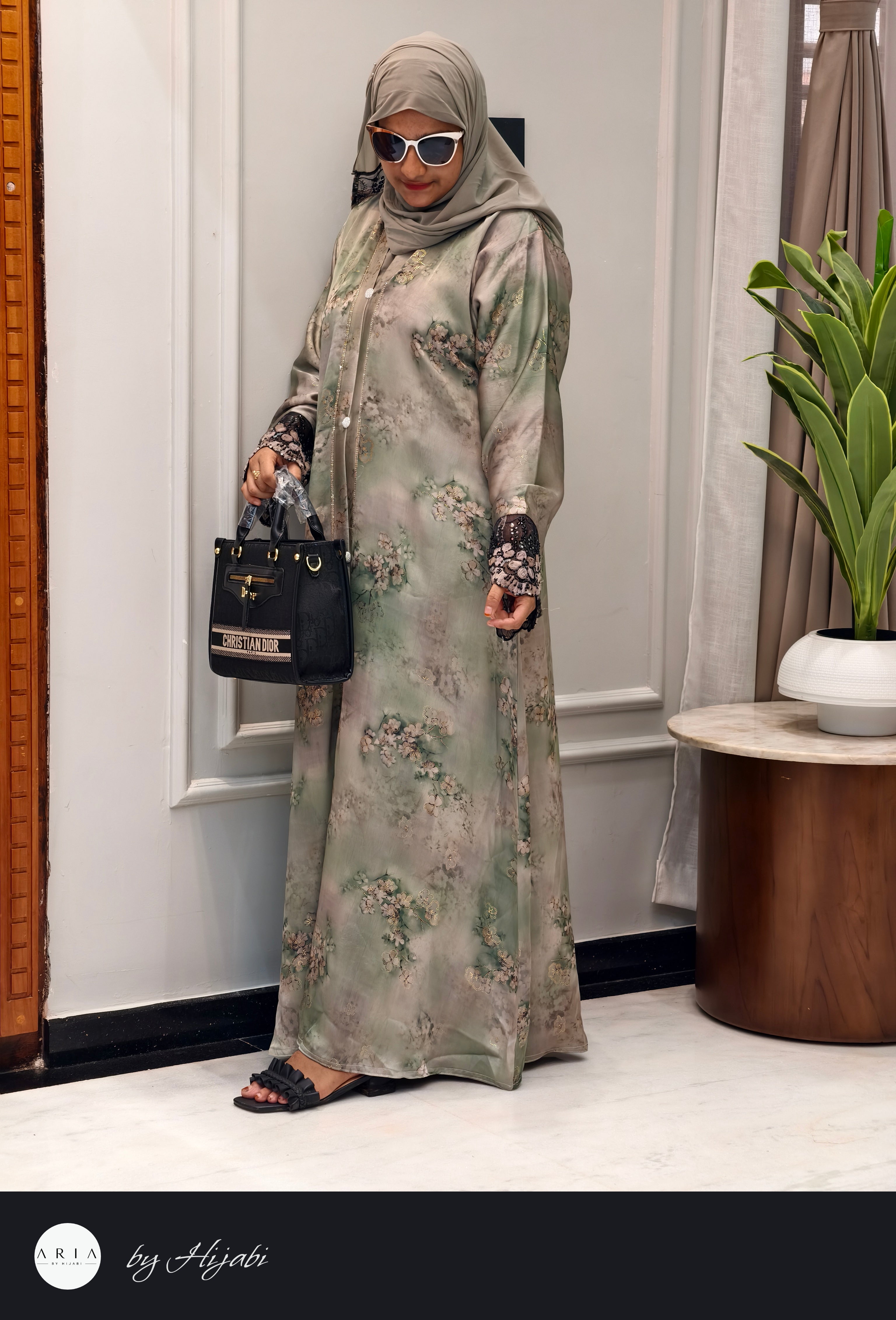 Modern Pista Green Floral Printed Abaya