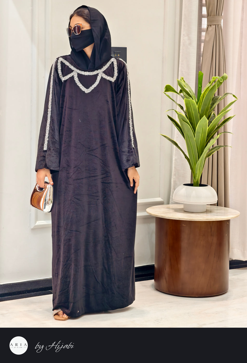 Luxury Velvet Black Stone Work Abaya