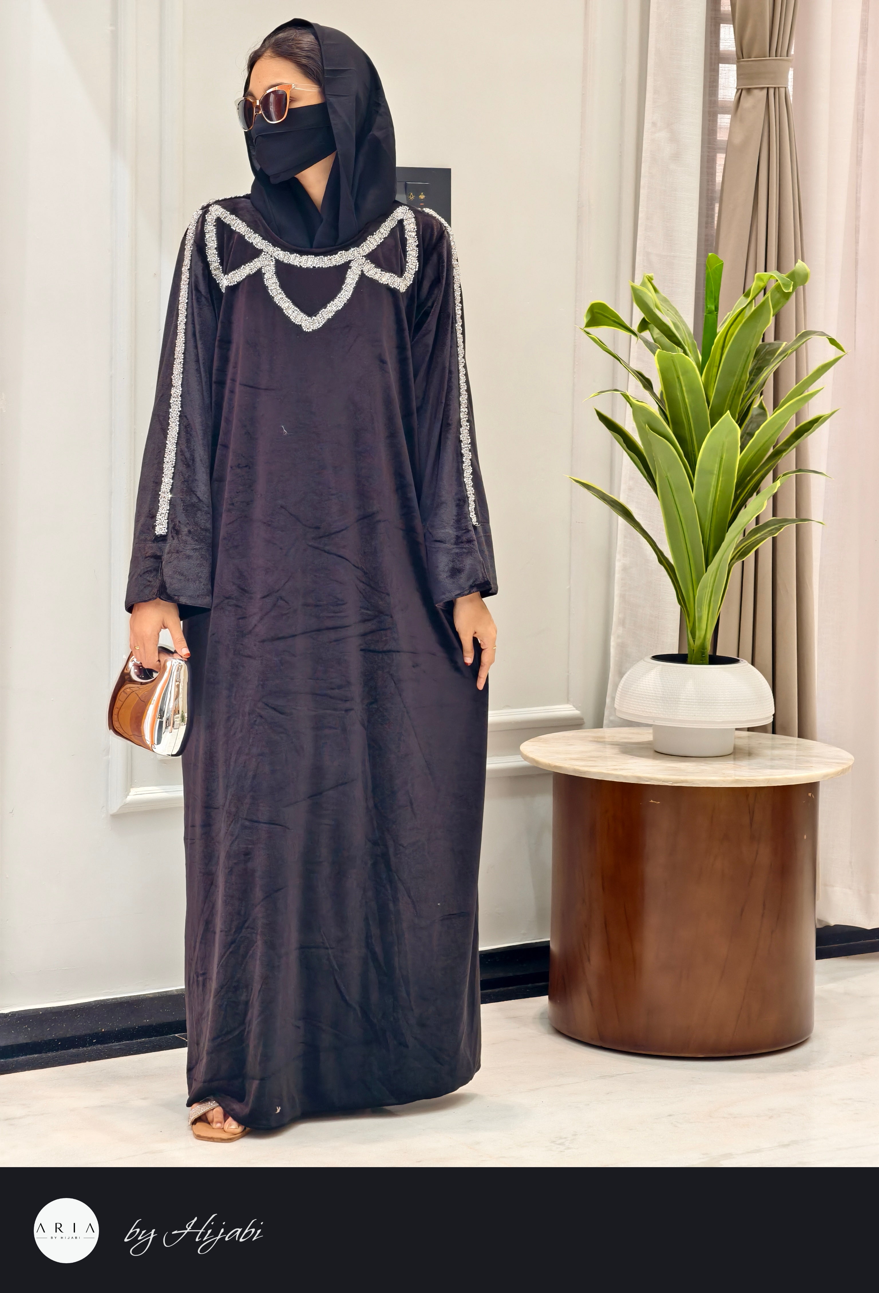 Luxury Velvet Black Stone Work Abaya
