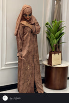 Elegant Brown Floral Self-Printed Abaya – Classy
