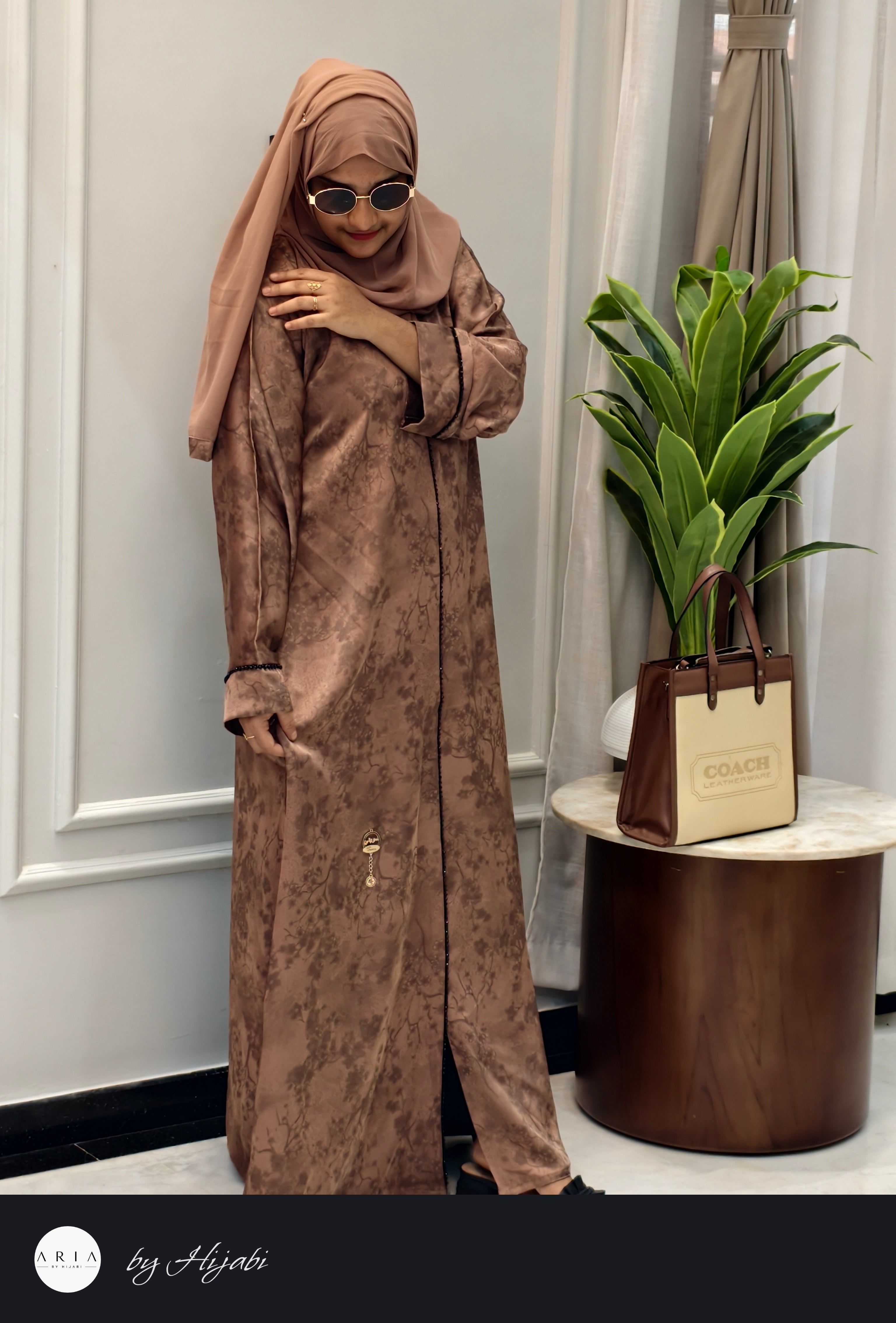 Elegant Brown Floral Self-Printed Abaya – Classy