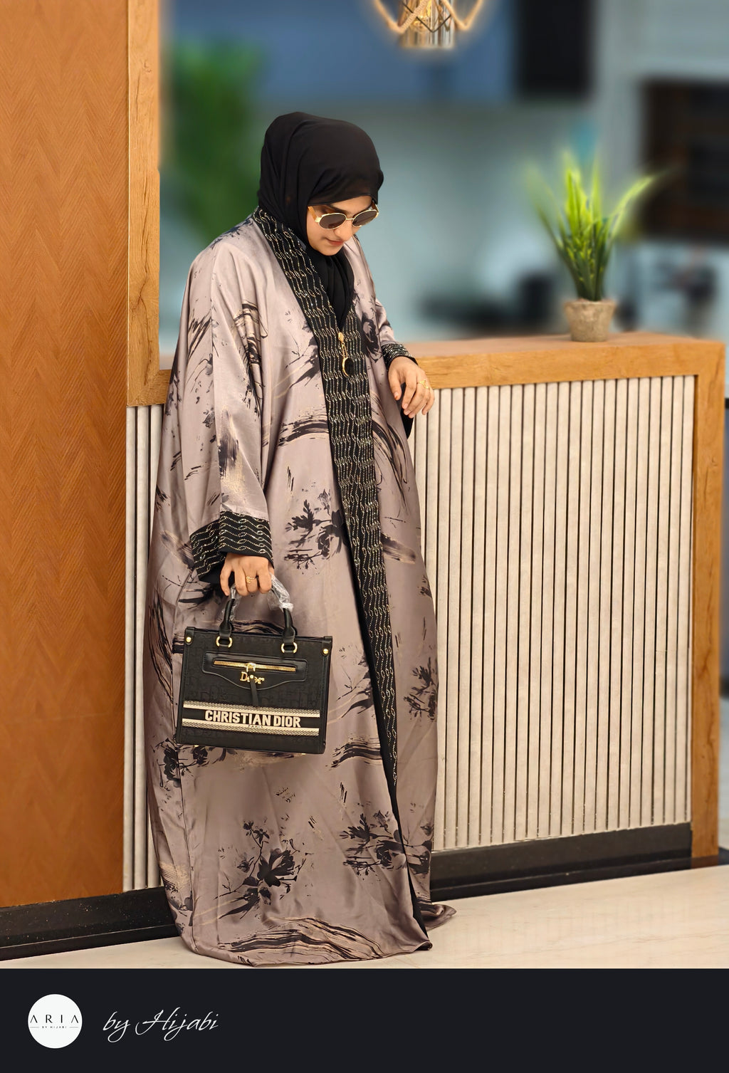 Designer Self-Printed Long Lapel Stone Work Abaya